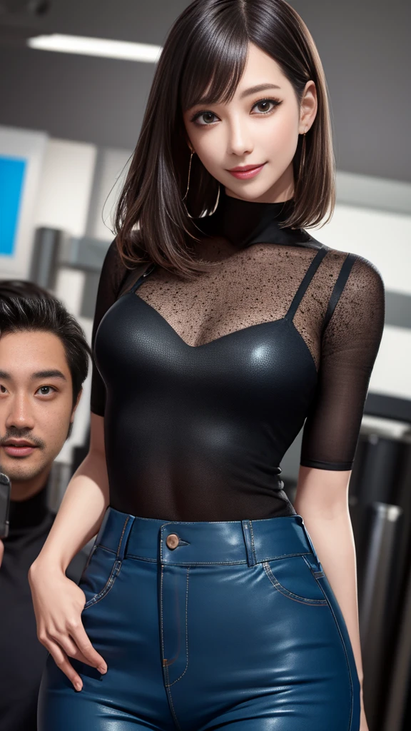 Cinema Lighting、(Key Light:Front 45 degree angle, Subsidy light、Backlight、Shadow、Blue and orange color palette), Accurate human body、Someone knowledgeable、Correct five-finger、RAW Photos、 4K - ultra-vivid、Highest quality, masterpiece, Ultra-high resolution, (reality: 1.4),
(((Oilskin,Glowing Skin、Realistic skin texture、Beautiful skin in every detail、Shiny skin、Shiny skin)))、
Upper Body Shot, Low camera angle, Written boundary depth, Focus on the center, Beautiful Eyes, Perfect face and eyes、
Big Breasts、Wide open crew neck、Black colorful hair、Straight Short Hair、、Small face、thin、Beautiful legs、Tight black sweater and skinny black pants、smile、Inside the warehouse