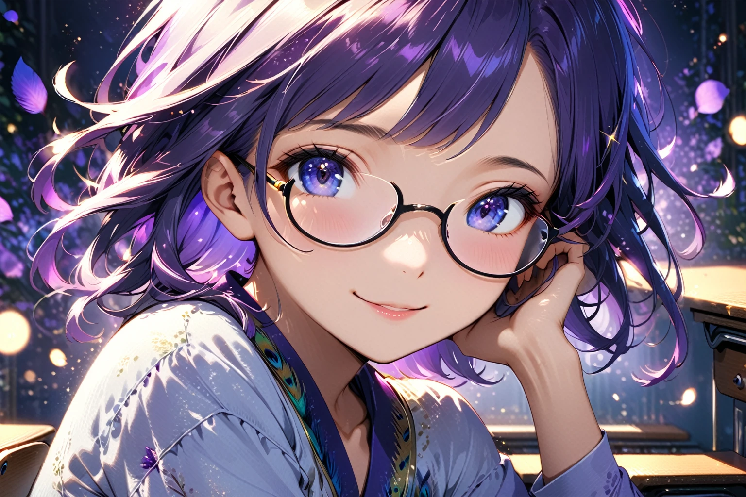 A close-up shot of a Japanese anime girl sitting at a desk, wearing thick-framed glasses perched on the end of her nose. Her short, vibrant hair is a mesmerizing blend of peacock-inspired purple and white hues. Her eyes sparkle with a warm, inviting smile, as her purple-grey irises seem to shimmer in the soft light. The composition focuses on her face, with the desk and background blurred to emphasize her radiant expression.