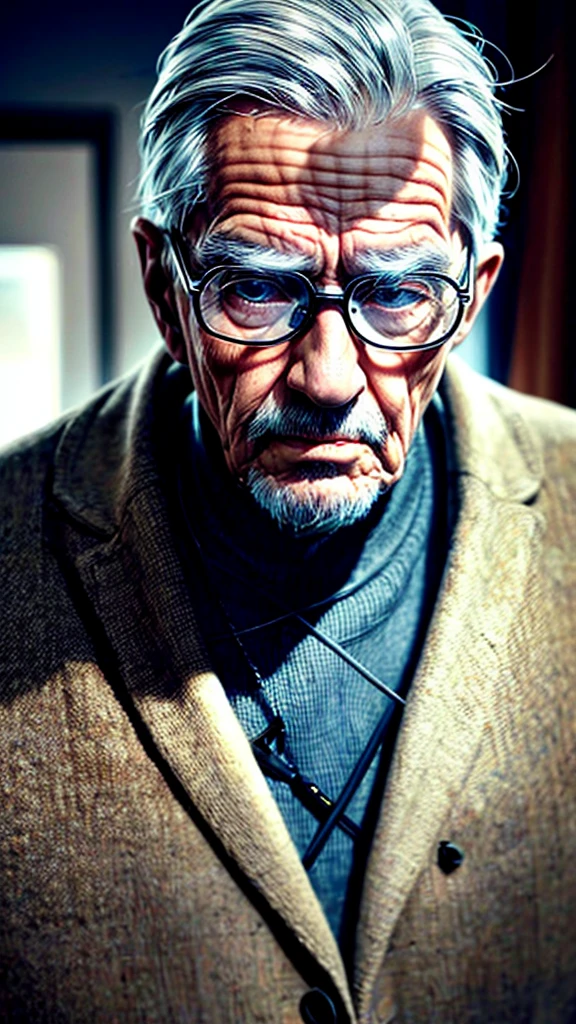 a elderly man with glasses, detailed face, detailed eyes, detailed wrinkles, old man, senior citizen, white hair, serious expression, serious look, thoughtful, contemplative, indoor setting, natural lighting, cinematic, portrait, high quality, detailed, realistic, 8k, cinematic lighting, warm color tones, dramatic lighting