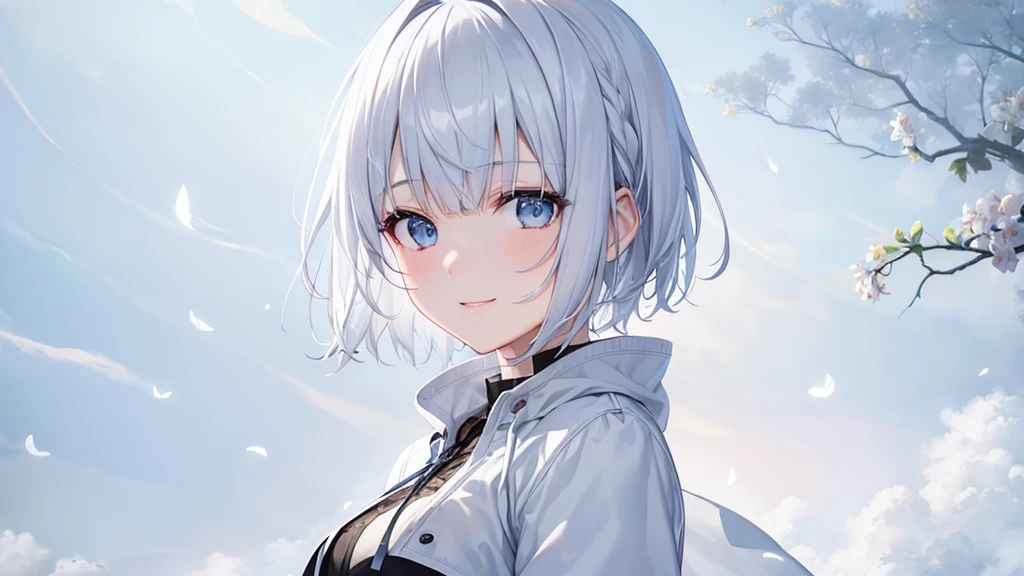 Ultra HD,Look at the viewers, Put your hands behind your back, With a girl, 20-year-old, 非常にShort Hair, Long bangs between the eyes, Pale blue eyes, hoodie, skirt , Very detailed,(masterpiece、Highest quality),Gray Hair、Laughter、Fantastic, Silver Hair, Iris, Short hair、 Fluttering Hair、Small Face、明るいsmile、(Detailed face) ,Professional Lighting,Wonderful landscape,blue sky, sunlight,Looking down from above,Portraiture、Open your mouth、Flower Field、Her eyes were shining、Mysterious and enchanting atmosphere。With AI Painting、とてもShort Hair, Long bangs between the eyes, Very detailed,(masterpiece、Highest quality)、alone、Gray Hair、Fantasy, Silver Hair, Fantasyな風景、White shirt、smile、Open your mouth、short hair、Short Hair、hairpin、black eye、Grey Eyes、Beautiful Eyes、