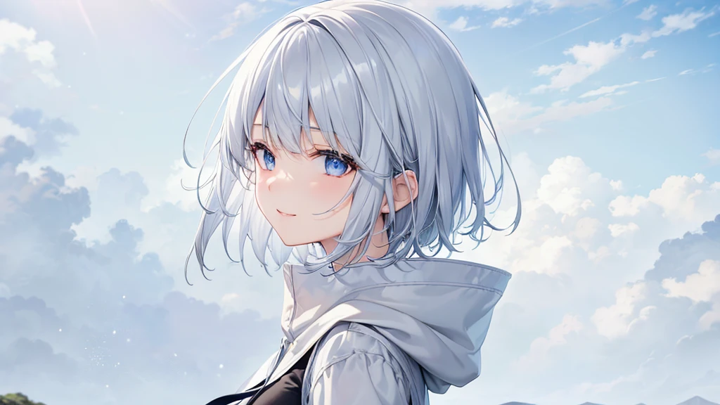 Ultra HD,Look at the viewers, Put your hands behind your back, With a girl, 20-year-old, 非常にShort Hair, Long bangs between the eyes, Pale blue eyes, hoodie, skirt , Very detailed,(masterpiece、Highest quality),Gray Hair、Laughter、Fantastic, Silver Hair, Iris,  Short hair、 Fluttering Hair、Small Face、明るいsmile、(Detailed face) ,Professional Lighting,Wonderful landscape,blue sky, sunlight,Looking down from above,Portraiture、Open your mouth、Flower Field、Her eyes were shining、Mysterious and enchanting atmosphere。With AI Painting、とてもShort Hair, Long bangs between the eyes, Very detailed,(masterpiece、Highest quality)、alone、Gray Hair、Fantasy, Silver Hair, Fantasyな風景、White shirt、smile、Open your mouth、short hair、Short Hair、hairpin、black eye、Grey Eyes、Beautiful Eyes、