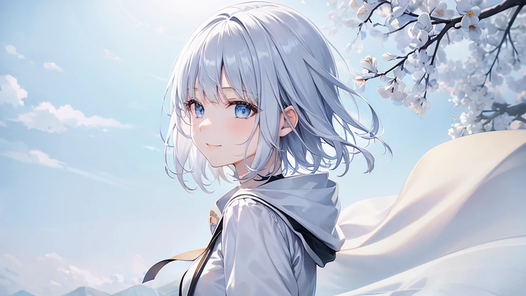 Ultra HD,Look at the viewers, Put your hands behind your back, With a girl, 20-year-old, 非常にShort Hair, Long bangs between the eyes, Pale blue eyes, hoodie, skirt , Very detailed,(masterpiece、Highest quality),Gray Hair、Laughter、Fantastic, Silver Hair, Iris,  Short hair、 Fluttering Hair、Small Face、明るいsmile、(Detailed face) ,Professional Lighting,Wonderful landscape,blue sky, sunlight,Looking down from above,Portraiture、Open your mouth、Flower Field、Her eyes were shining、Mysterious and enchanting atmosphere。With AI Painting、とてもShort Hair, Long bangs between the eyes, Very detailed,(masterpiece、Highest quality)、alone、Gray Hair、Fantasy, Silver Hair, Fantasyな風景、White shirt、smile、Open your mouth、short hair、Short Hair、hairpin、black eye、Grey Eyes、Beautiful Eyes、