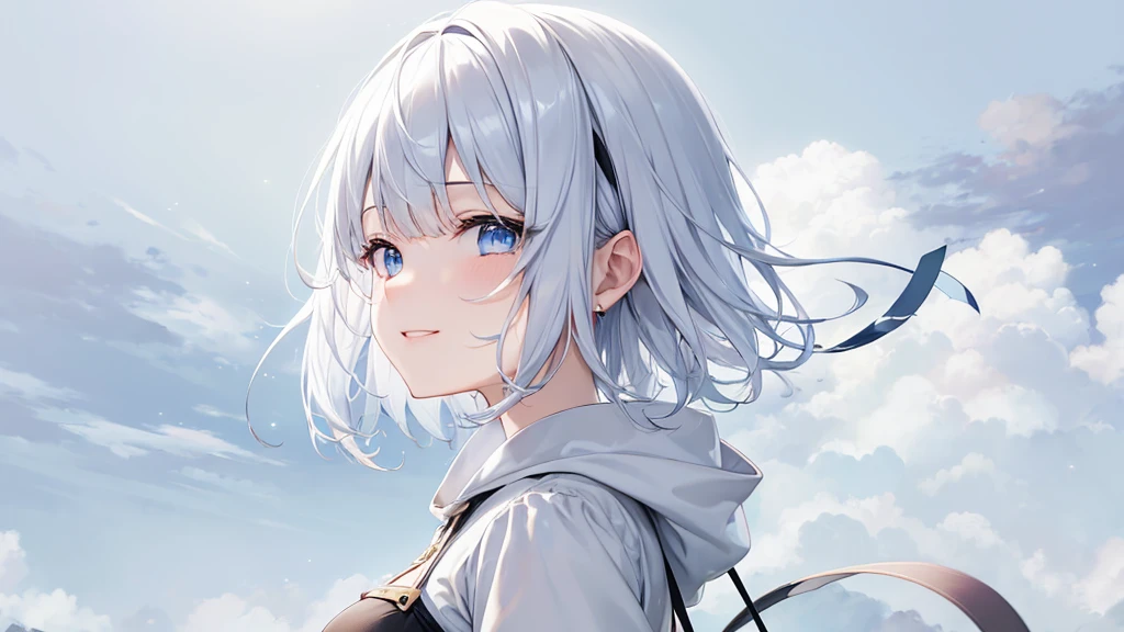 Ultra HD,Look at the viewers, Put your hands behind your back, With a girl, 20-year-old, 非常にShort Hair, Long bangs between the eyes, Pale blue eyes, hoodie, skirt , Very detailed,(masterpiece、Highest quality),Gray Hair、Laughter、Fantastic, Silver Hair, Iris,  Short hair、 Fluttering Hair、Small Face、明るいsmile、(Detailed face) ,Professional Lighting,Wonderful landscape,blue sky, sunlight,Looking down from above,Portraiture、Open your mouth、Flower Field、Her eyes were shining、Mysterious and enchanting atmosphere。With AI Painting、とてもShort Hair, Long bangs between the eyes, Very detailed,(masterpiece、Highest quality)、alone、Gray Hair、Fantasy, Silver Hair, Fantasyな風景、White shirt、smile、Open your mouth、short hair、Short Hair、hairpin、black eye、Grey Eyes、Beautiful Eyes、