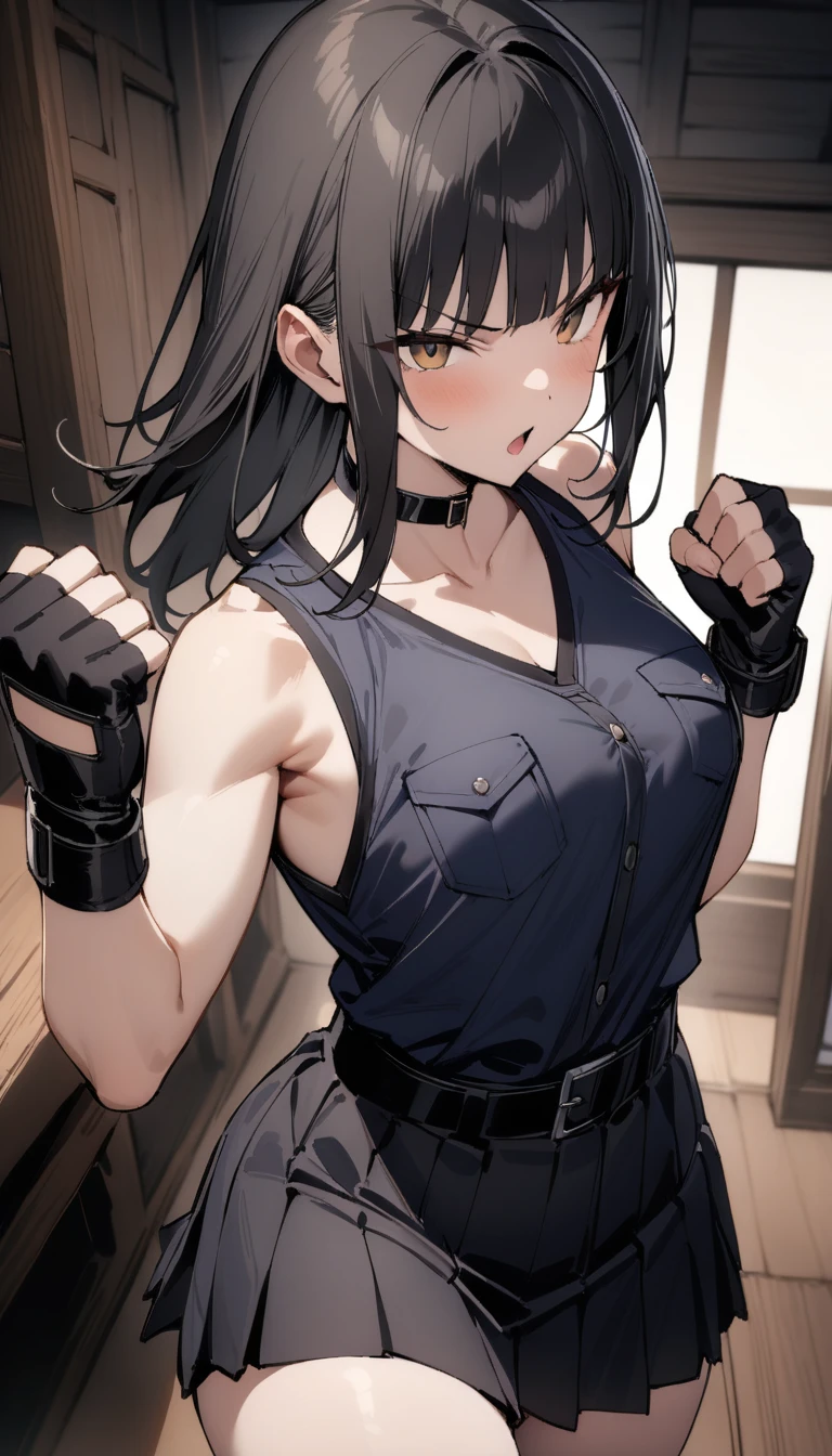 ((Highest quality)), ((masterpiece)), (detailed),cowboy shot , ((Rin々Policewoman)) small breasts Mature Woman, ((A white sleeveless U-neck T-shirt layered over a black sleeveless blouse with a chest pocket)), Black choker,((clavicle))、Black long hair Blunt bangs black pleated mini skirt black fingerless gloves V-shaped eyebrows Combat Stance Black Belt Clenched fist Old tavern