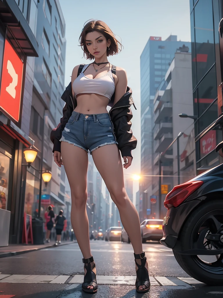 (1 girl, solo),Best quality, full body portrait, delicate face,brown long hair, bob haircut, forehead, 18 year old girl, slim figure, huge bust, loose oversized u-neck crop top full sleeved shhirt, cleavage,(under boobs:1.4), crotch gap, cameltoe, over shirt shorts, seen string of bikini bottoms, sunset bridge, vintage vespa behind, scene, standing tall, long leg , necklace, rings, earrings, bracelet, watch, open legs, araffe woman in shorts and a white top walking down a street, photorealistic perfect body, anime girl in real life, realistic anime 3 d style, sexy girl wearing shorts, at a city street, hyperrealistic full figure, bra and shorts streetwear, beautiful model girl, cyberpunk 2 0 y. o model girl, fashion model, hyper realistic anime, small waist, naval piercing, bellybutton pierced, nightlife,visible bra,denim shorts,tight ass, slutty,at night photo, night photography,brown hair(night outdoors)