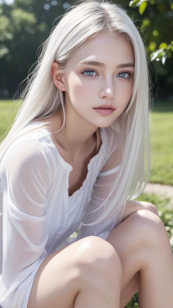 １４Caucasian model at the age, 立っているPhoto above the knee,（(Clean clothes)), white clothes, Natural light, Pretty Caucasian Woman, white hair, A sloppy smile, (8K, Live shooting, highest quality, masterpiece: 1.2), masterpiece, super detail, , High-definition RAW color photo, , , , , , highly detailed eyes, realistic skin texture, highly detailed fingers, very detailed nose, highly detailed mouth, , Photo above the knee, , See-through feeling、Transparent processing、wearing tight clothes、, White hair, Blue eyes, masterpiece, realistic skin texture, , shiny hair and white skin, 、 natural skin texture,  A young woman who looks like a girl,  Photo above the knee、Blue eyes,  、lowered eyebrows,  innocent face,  Eyes that look gentle,  natural skin texture, round face,  Kind eyes, long and pure white beautiful hair、, small face,  No decorations attached,  white, drooping eyebrows,  Mont Blanc, white, drooping eyebrows