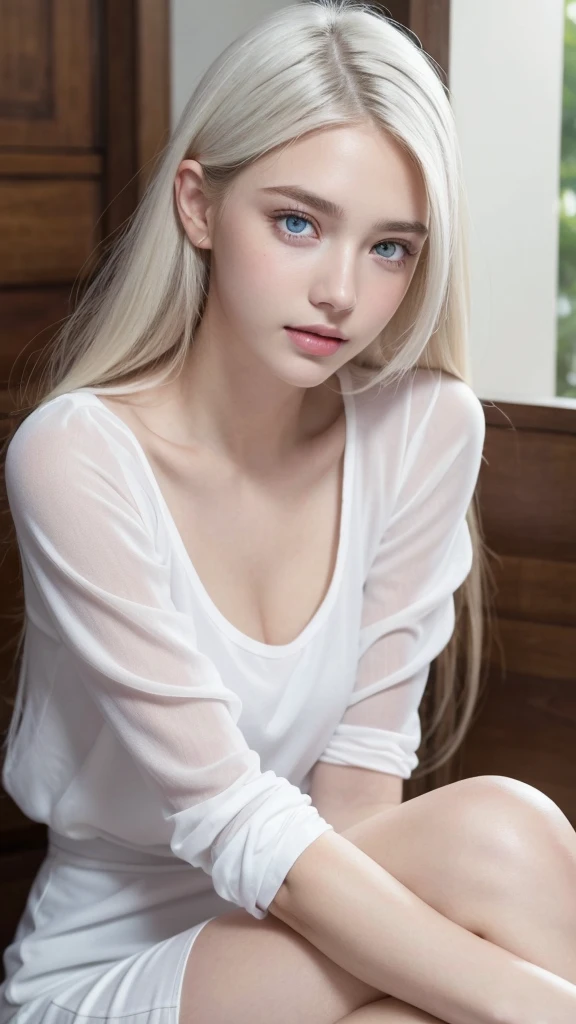 １４Caucasian model at the age, 立っているPhoto above the knee,（(Clean clothes)), white clothes, Natural light, Pretty Caucasian Woman, white hair, A sloppy smile, (8K, Live shooting, highest quality, masterpiece: 1.2), masterpiece, super detail, , High-definition RAW color photo, , , , , , highly detailed eyes, realistic skin texture, highly detailed fingers, very detailed nose, highly detailed mouth, , Photo above the knee, , See-through feeling、Transparent processing、wearing tight clothes、, White hair, Blue eyes, masterpiece, realistic skin texture, , shiny hair and white skin, 、 natural skin texture,  A young woman who looks like a girl,  Photo above the knee、Blue eyes,  、lowered eyebrows,  innocent face,  Eyes that look gentle,  natural skin texture, round face,  Kind eyes, long and pure white beautiful hair、, small face,  No decorations attached,  white, drooping eyebrows,  Mont Blanc, white, drooping eyebrows