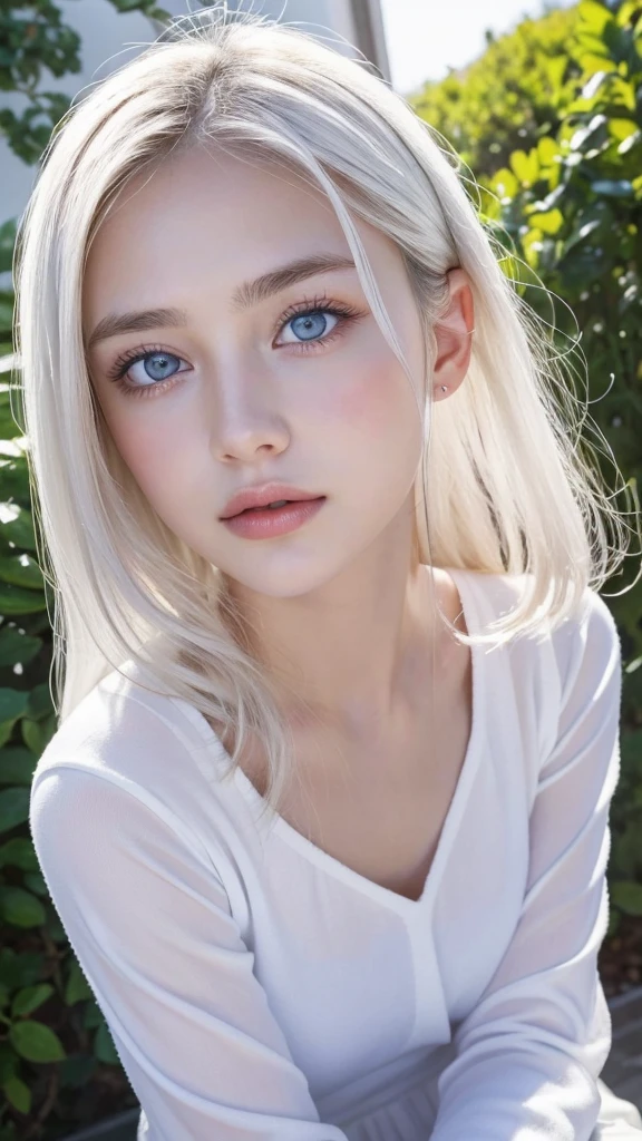 14Caucasian model at the age, 立っているPhoto above the knee,((Clean clothes)), white clothes, Natural light, Pretty Caucasian Woman, white hair, A sloppy smile, (8K, Live shooting, highest quality, masterpiece: 1.2), masterpiece, super detail, , High-definition RAW color photo, , , , , , highly detailed eyes, realistic skin texture, highly detailed fingers, very detailed nose, highly detailed mouth, , Photo above the knee, , See-through feeling、Transparent processing、wearing tight clothes、, White hair, Blue eyes, masterpiece, realistic skin texture, , shiny hair and white skin, 、 natural skin texture, A young woman who looks like a girl, Photo above the knee、Blue eyes, 、lowered eyebrows, innocent face, Eyes that look gentle, natural skin texture, round face, Kind eyes, long and pure white beautiful hair、, small face, No decorations attached, white, drooping eyebrows, Mont Blanc, white, drooping eyebrows