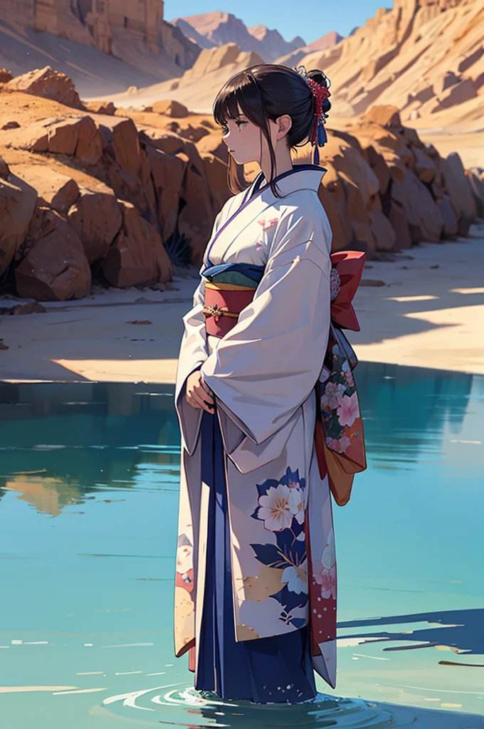 A beautiful woman in a kimono drinking water while standing in the desert