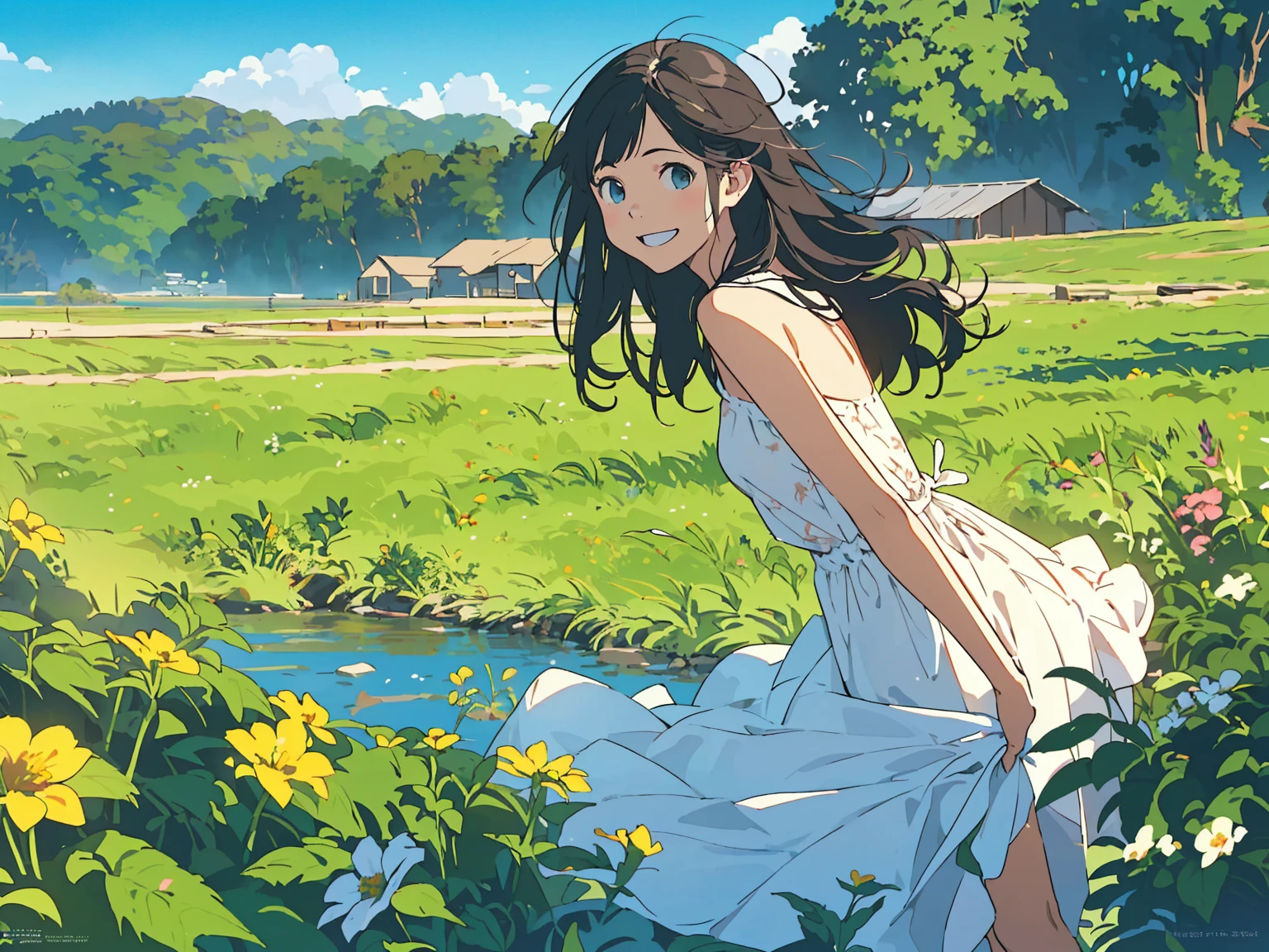 Reasonable design, Clear lines, High Sharpness, (Highest quality,8K,Perfect sharpness,Ultra fine,High resolution,masterpiece:1.2), Perfect Anatomy:1.5, Official Art, Illustrations that tell a story, (Whitish background:0. 9)、Body Positivity、多Mr.な身体表現、(Random and energetic poses)、Perfect beauty、Perfect beautiful face、Strong winds、A rich expression、Dynamic composition、smile、Golden ratio composition、colorful、((Mr.々Different angles and perspectives))、Anime Art、(Mini dress)、(Overcoming stereotypes)、 Glowing Skin、(Natural beauty)、smile、Bangs、(Soft and flowing hair)、(countryside)、(Nostalgic atmosphere)、Put up to your feet、(Playful and carefree)、(多Mr.な民族のキャラクター)、(innocent attitude)、(Sunny atmosphere)、(The skirt flutters wildly in the wind)、(Bright colors)、Beautiful Eyes、(Embarrassing)、Braided Hair、Summer Scene、Smiling among flowers、Side angle、