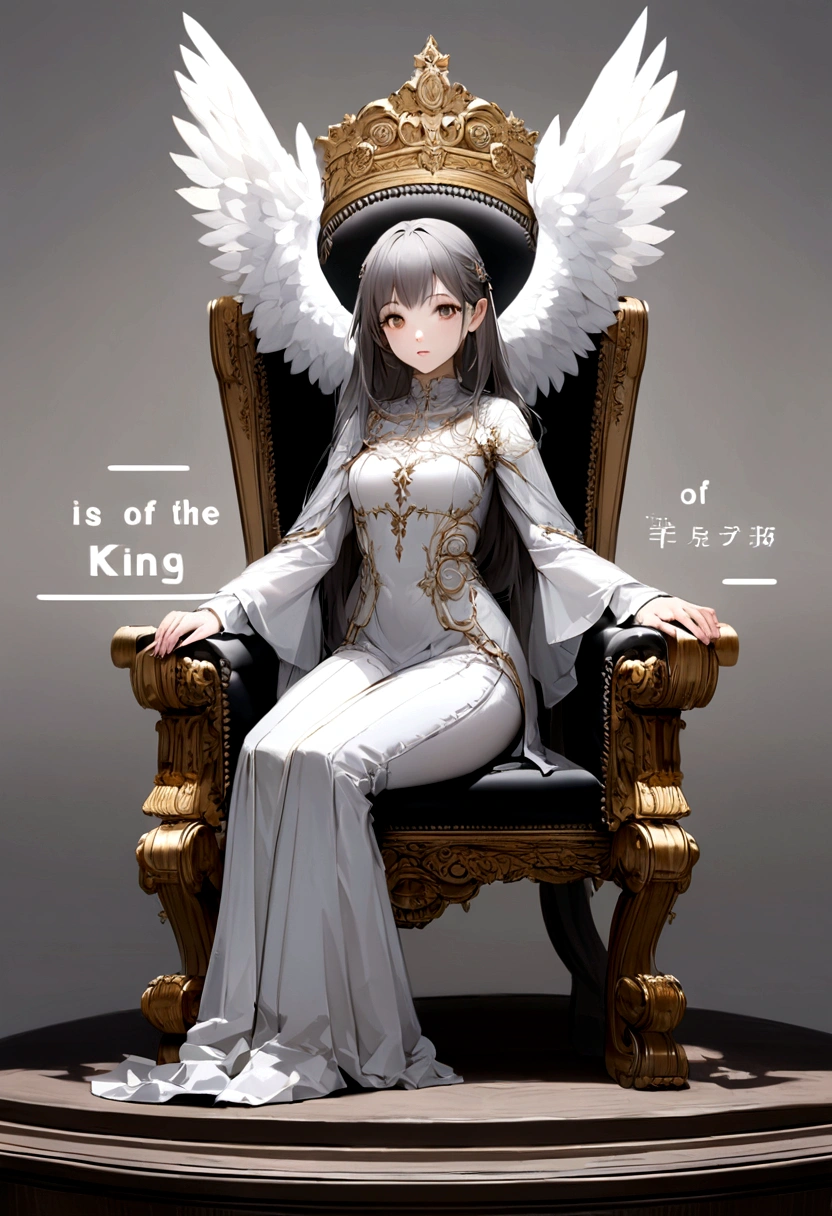 create realistic image age 21 year old girl is sitting on a king chair with white wings and behind her the color of the wall is gray on which "Google" is written in curve style