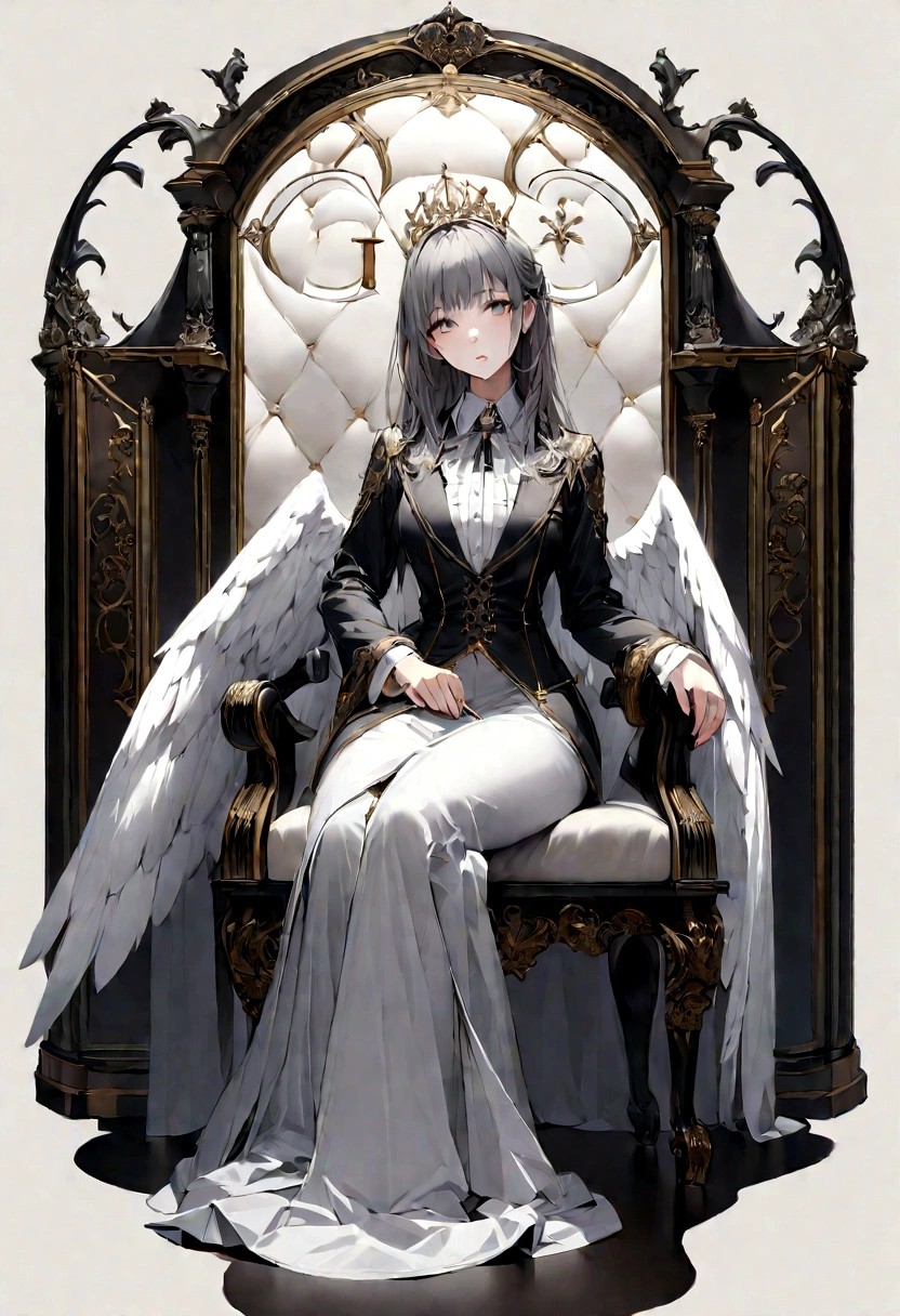 create realistic image age 21 year old girl is sitting on a king chair with white wings and behind her the color of the wall is gray on which "Google" is written in curve style