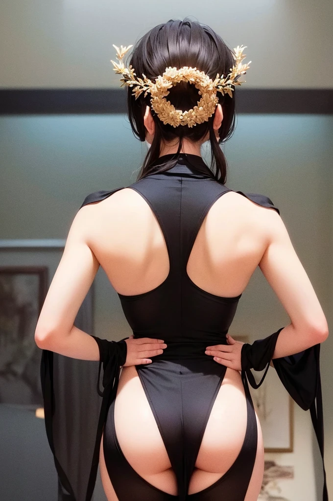 (facing back:1.5)、(high-level image quality、hightquality、hight resolution、detaileds、masterpiece)、(There are mature and beautiful women)、I'm 43 years old、Smile at the camera、(A pure Japanese hairstyle with a beautiful hairpin)、、(being thin:1.2)、(Small:1.2)、(Bra and thong with large kimono-style decorations:1.2)、She wears a collar, bangles, and a kimono-style garter belt.、(holding a golden dragon in both hands)、The pose is so cute and nice、(Visiting a shrine for the first time in a crowd of people:1.2)