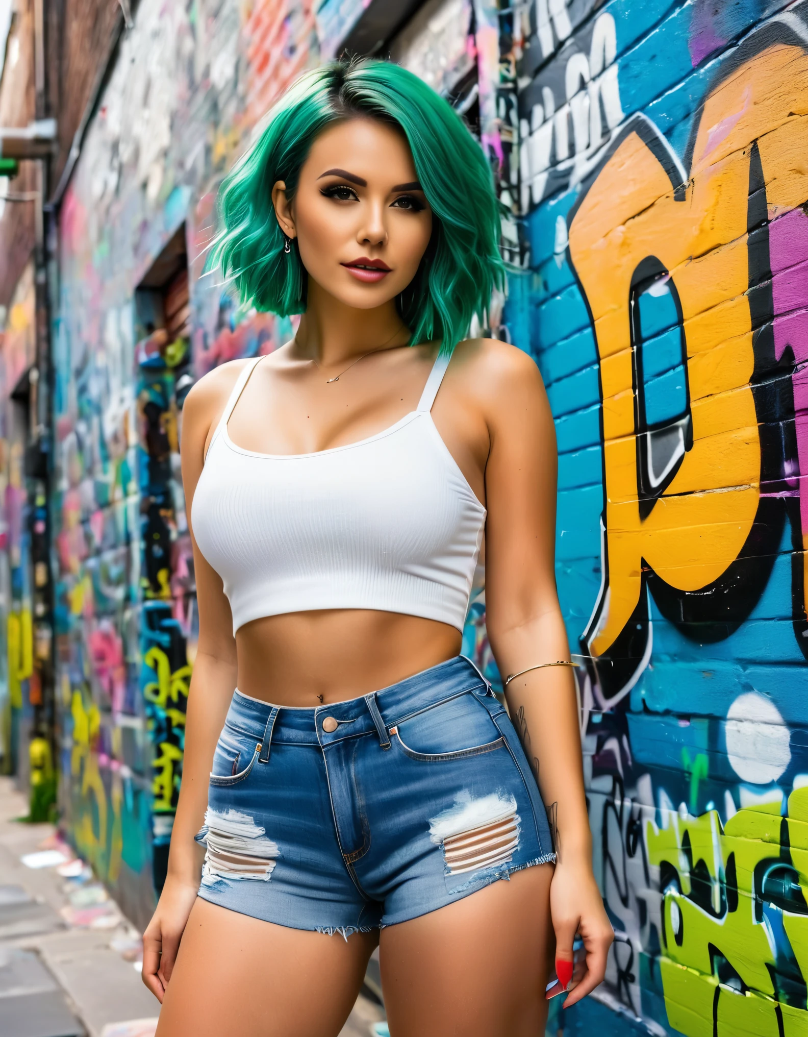 A woman with green hair, wearing a white crop top and denim shorts, standing in a vibrant, graffiti-covered alleyway with urban street art.
