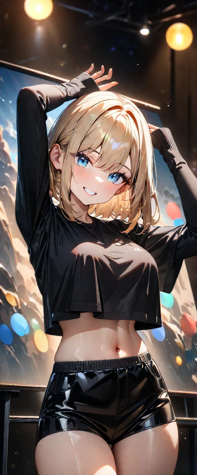 (((One girl))), beach, blond hair, bob cut, breasts, from front, (cowboy shot), glamor, (looking at viewer), ((black shorts)), ((black crop top overhang)), short sleeves, Casual Stance, ((sunglass)), arms up, midriff peek, ager, head tilt:1.3, (((blue eye))), ((happy smile)), ((sleeves past wrists)), anime style, (best quality, 4k, 8k, highres, masterpiece:1.2, ultra-detailed, ultra-detailed eyes, HDR, UHD, studio lighting, ultra-fine painting, sharp focus, physically-based rendering, extreme detail description, professional, vivid colors, bokeh), ((Highest quality, Best image quality, Ultra-high resolution, Ultra-high resolution, solo, Strong eye highlights)), Depth of written boundary, Natural soft light, attractive, Beautiful Face, Cleanliness, Pure Face, nedium chest, Beautiful Face, Perfect Fingers, Perfect hands, Perfect body, Perfect Face, Shine a light into your eyes, Perfect Anatomy