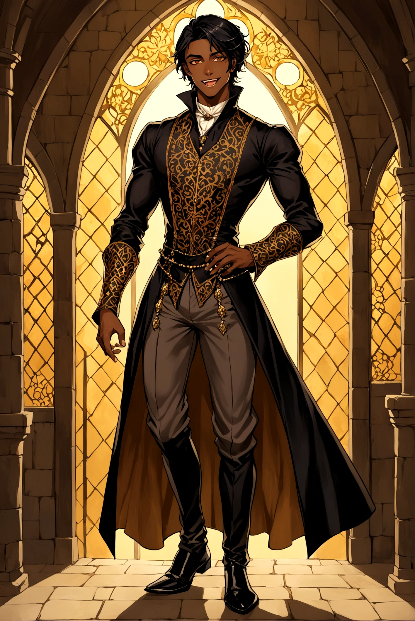 an attractive man with honey-colored eyes, looking 20 years old, BROWN SKIN, canine teeth with prominent fangs, elegantly cut short black hair, slim and tall build with defined muscles, and wearing medieval renaissance gothic clothes (full body image) friendly and flirtatious expression