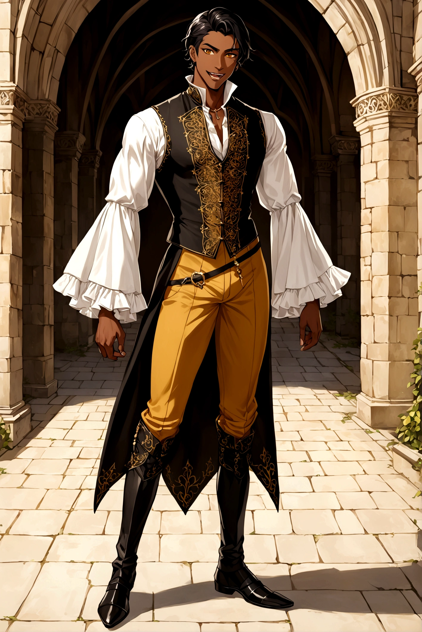 an attractive man with honey-colored eyes, looking 20 years old, BROWN SKIN, canine teeth with prominent fangs, elegantly cut short black hair, slim and tall build with defined muscles, and wearing medieval renaissance gothic clothes (full body image) friendly and flirtatious expression