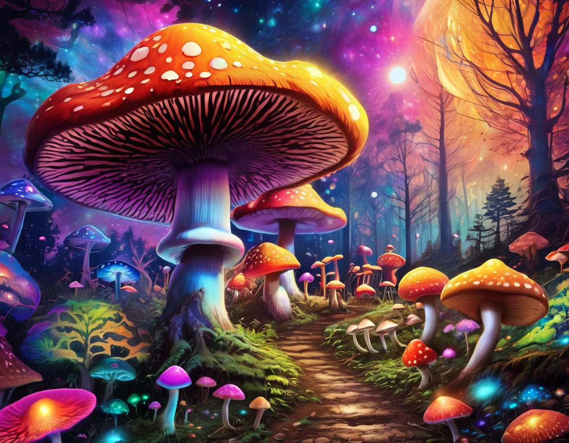 Black Light Mountain,Star,Space planets,sun,Sunset,forest,Trees,自然景观 a close up of a mushroom with many different colored mumushroom, psychedelic mumushroom dream, psychedelic mumushroom, mumushroom milky way, magic mumushroom, 迷幻mushroom, 迷幻mushroom, mushroom, mushroomforest, neon mumushroom, Whimsical and psychedelic, mushroom分形, mushroom城, psychedelics, Psychedelic Art, Psychedelic illustration, Psilocybin, colorful mumushroom