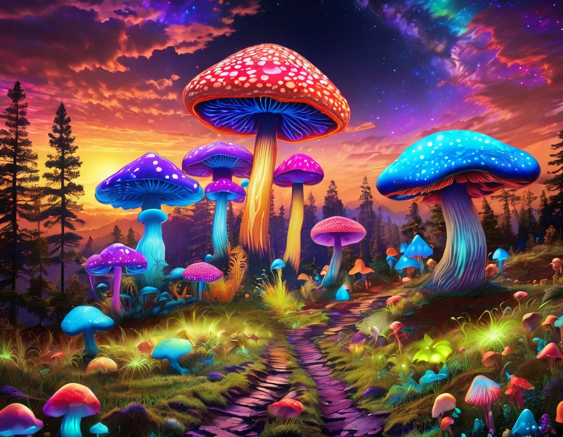 Black Light Mountain，Star，Space planets，sun，Sunset，forest，Trees，自然景观  a close up of a mushroom with many different colored mumushroom, psychedelic mumushroom dream, psychedelic mumushroom, mumushroom milky way, magic mumushroom, 迷幻mushroom, 迷幻mushroom, mushroom, mushroomforest, neon mumushroom, Whimsical and psychedelic, mushroom分形, mushroom城, psychedelics, Psychedelic Art, Psychedelic illustration, Psilocybin, colorful mumushroom