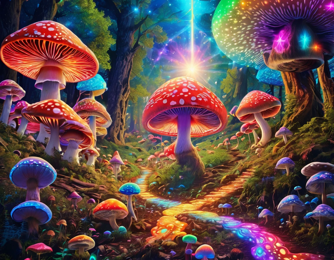 Black Light Mountain,Star,Space planets,sun,Sunset,forest,Trees,自然景观 a close up of a mushroom with many different colored mumushroom, psychedelic mumushroom dream, psychedelic mumushroom, mumushroom milky way, magic mumushroom, 迷幻mushroom, 迷幻mushroom, mushroom, mushroomforest, neon mumushroom, Whimsical and psychedelic, mushroom分形, mushroom城, psychedelics, Psychedelic Art, Psychedelic illustration, Psilocybin, colorful mumushroom