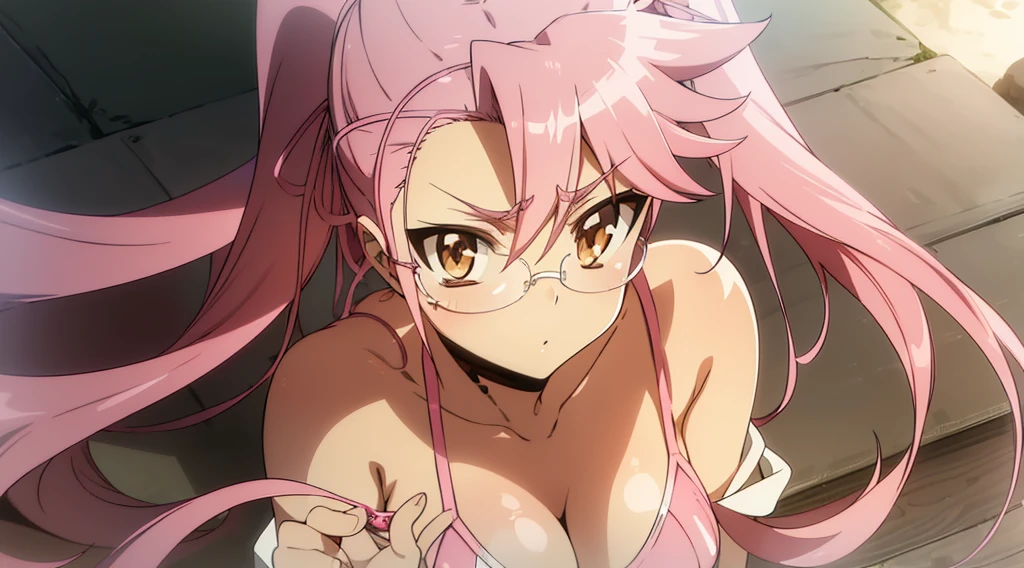 Hayatakagi, Hajime Takagi, Long hair, bow ribbon, (Twin-tailed:1.3), (Brown eyes:1.5), Hair Ribbon, Pink hair, (eye glasses:1.3),,(looking at the viewers:1.3),BREAK (masutepiece:1.2), Best Quality, High resolution, Unity 8k Wallpaper, (Illustration:0.8), (Beautiful detailed eyes:1.6), extra detailed face, Perfect Lighting, extremely details CG, (Perfect hands, Perfect Anatomy),(pink bikinis:1.3),(the beach:1.3),Naughty big、cowboy  shot、thighs thighs thighs thighs、solo