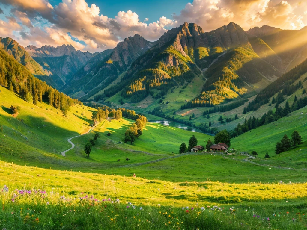 a breathtaking landscape, rolling hills, lush green meadows, vibrant wildflowers, serene lake, majestic mountains in the distance, golden sunlight, dramatic clouds, cinematic composition, realistic lighting, intricate details, vivid colors, photorealistic, 8k, best quality, masterpiece