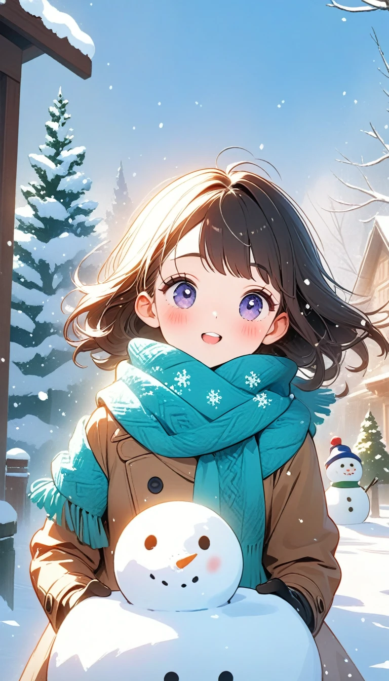 (top-quality, 8K, ?masterpiece:1.3) A portrait of a playful anime girl in a snowy landscape, wearing a winter coat and scarf, building a snowman. The background features snow-covered trees, soft snowfall, and a bright, cheerful atmosphere.