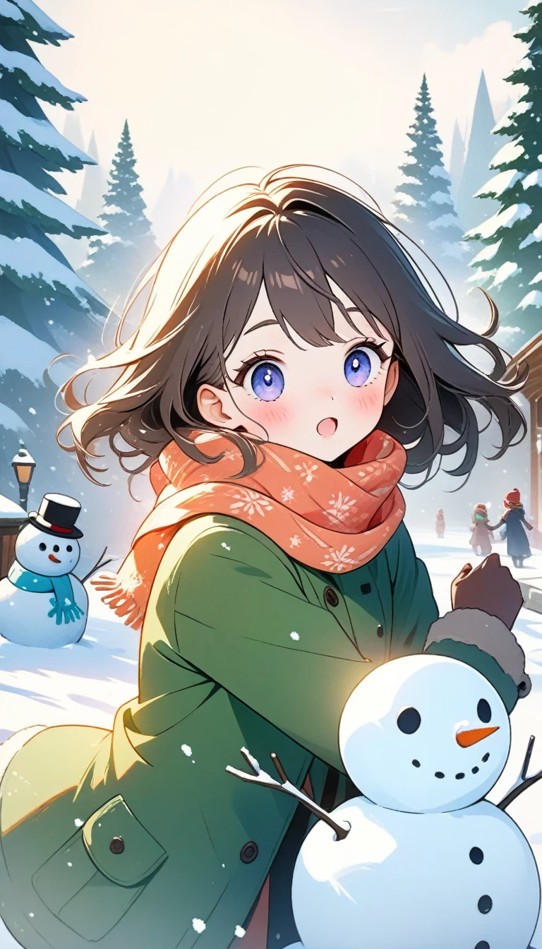 (top-quality, 8K, ?masterpiece:1.3) A portrait of a playful anime girl in a snowy landscape, wearing a winter coat and scarf, building a snowman. The background features snow-covered trees, soft snowfall, and a bright, cheerful atmosphere.