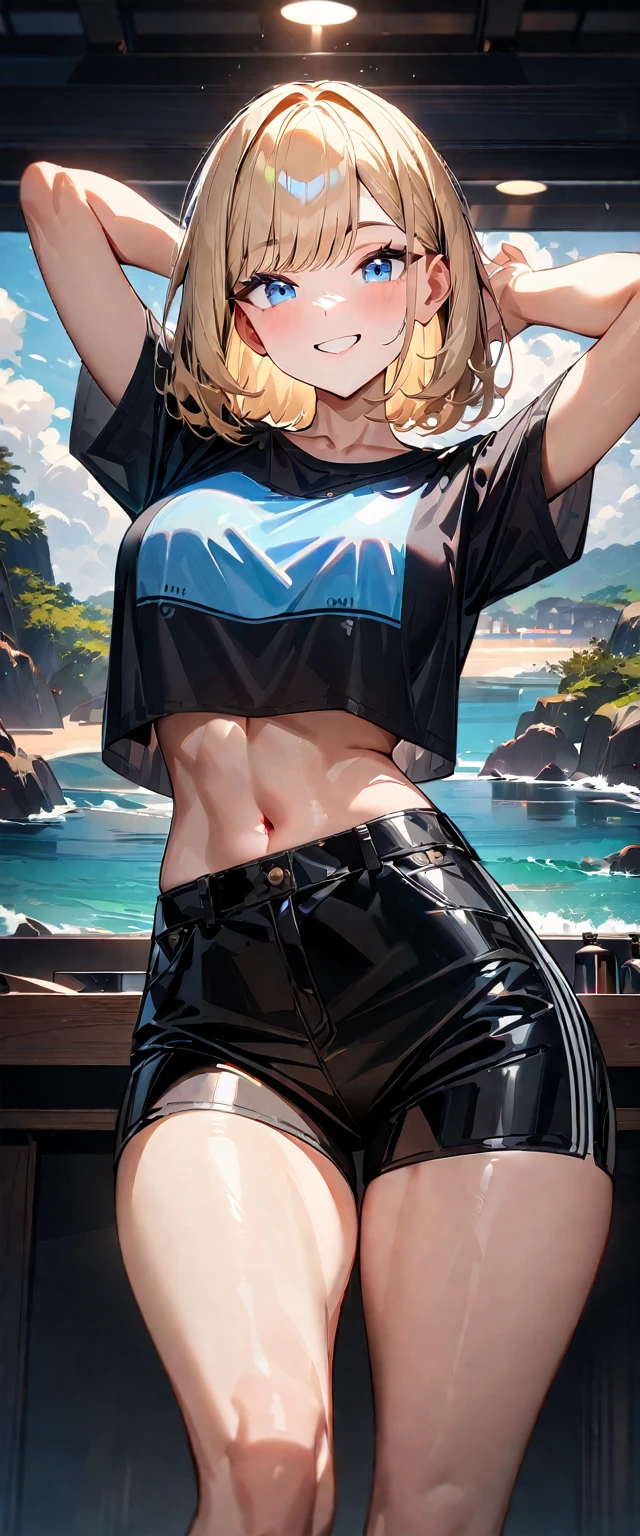 (((One girl))), beach, blond hair, bob cut, breasts, from front, ((sunglass)), (cowboy shot), (looking at viewer), ((black shorts)), ((black crop top overhang)), short sleeves, Casual Stance, arms up, midriff peek, teenager, head tilt:1.3, (((blue eye))), ((happy smile)), ((sleeves past wrists)), anime style, (best quality, 4k, 8k, highres, masterpiece:1.2, ultra-detailed, ultra-detailed eyes, HDR, UHD, studio lighting, ultra-fine painting, sharp focus, physically-based rendering, extreme detail description, professional, vivid colors, bokeh), ((Highest quality, Best image quality, Ultra-high resolution, Ultra-high resolution, solo, Strong eye highlights)), Depth of written boundary, Natural soft light, attractive, Beautiful Face, Cleanliness, Pure Face, nedium chest, Beautiful Face, Perfect Fingers, Perfect hands, Perfect body, Perfect Face, Shine a light into your eyes, Perfect Anatomy