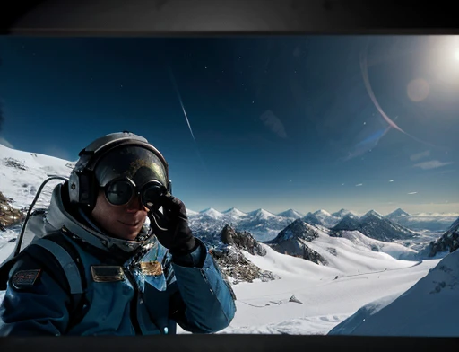   icy mountains snowy place, the Astronaut using binoculars to observe( frontal image) Holding a pair of binoculars. dynamic photography.