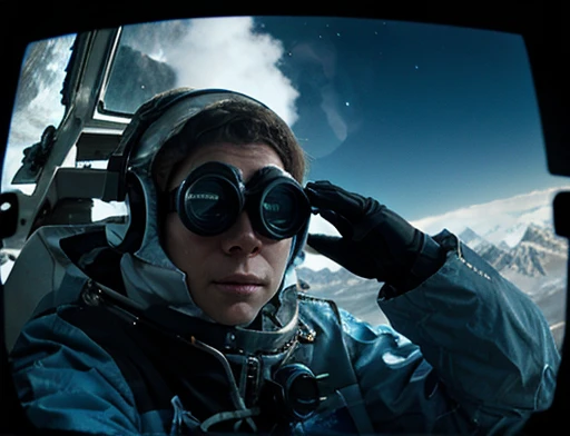 icy mountains snowy place, the Astronaut using binoculars to observe( frontal image) Holding a pair of binoculars. dynamic photography.
