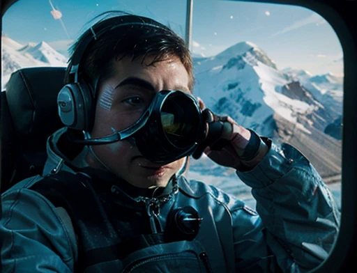 icy mountains snowy place, the Astronaut using binoculars to observe( frontal image) Holding a pair of binoculars. dynamic photography.