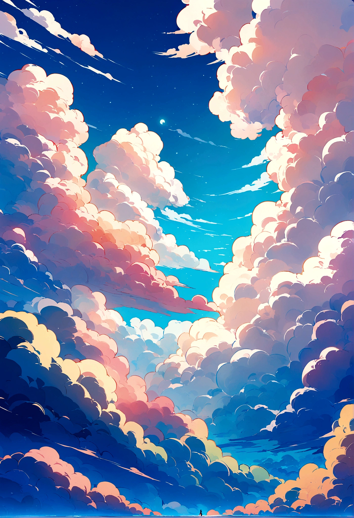 A distant view of a person falling from the sky, seen as a small dot amidst an endless expanse of bright, fluffy clouds. The scene is in a vibrant anime style, with no land visible, only the vast cloudscape and clear blue sky. The atmosphere is peaceful yet surreal, highlighting the immensity of the sky. Detailed textures, vivid colors, serene mood, hd quality