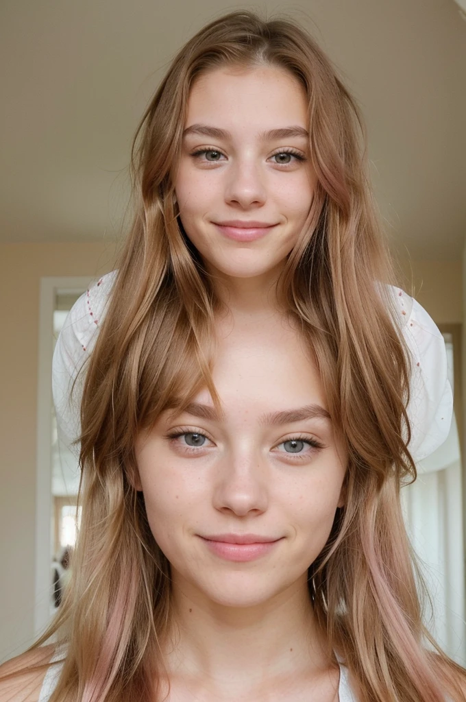 Create a picture of a twenty-year-old girl. ((Have a natural and attractive face)) (Her hair should be blonde with brown stems) (Long hair) (Her eyes are a natural light color) A charming smile on her lips and in a beautiful house with a light background. His face lit up. The girl should not look at the camera. She should look seductive and have pink hair