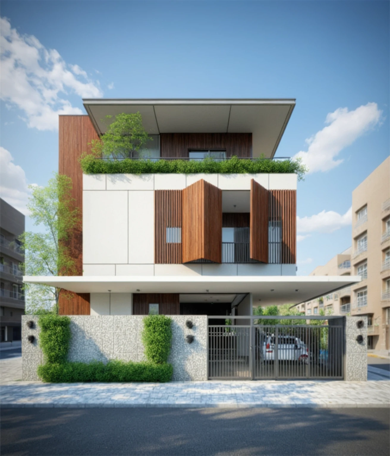 Raw photo, Masterpiece, high quality, best quality, authentic, super detail, exterior, outdoors, to maintain a position, house style modern on the street, Citigroup road, grass, daylight:1.1), vivid colors, (realistic:1.2),
