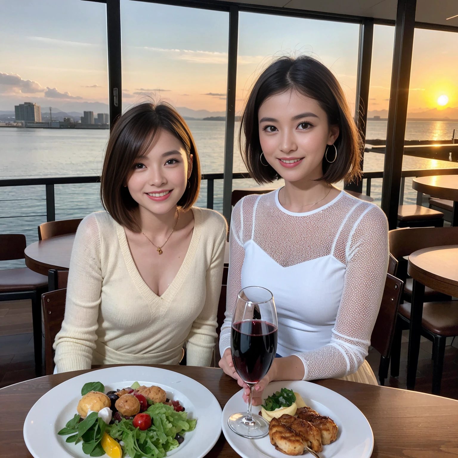 ((Highest quality、、masterpiece:1.3))、 (Ultra-realistic、 Genuine、Bright image、Intricate details:1.2), 最高のsmile、1 male、1 female、Beautiful couple、love love love、spouse、Female announcer、actress couple、smile、Full-course dinner at a packed table、 (Slim face), (the body is slim), (Brown Hair), (short hair), テーブルのwine glass、Please shine a light on my face、 Amazing view of the sunset sky and clouds、9 years old, red wine 、Appetizers、Wine bottle、sparkling wine、Long sleeve shirt、dress、White wine, red wine, wine glass,