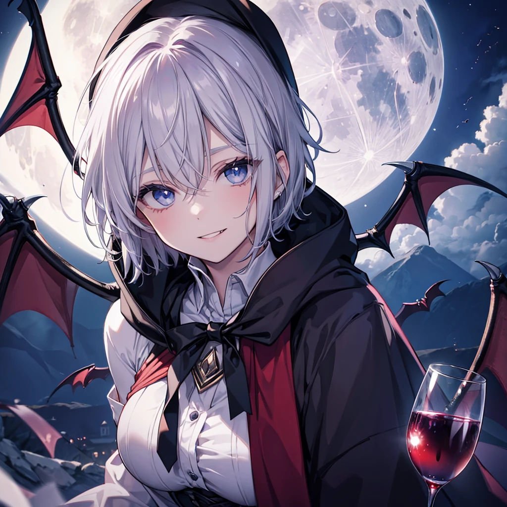 ((((vampire　inflammation))))　(((Gray Hair　short hair　blue eyes　woman　Center close-up　wine glass)))，((night　full moon　My own big wings　Town))，(Wearing a hood　Black camisole　Purple light　Wearing a cloak)，　Creepy Smile　Showing teeth　Shining Background　Shining Edges