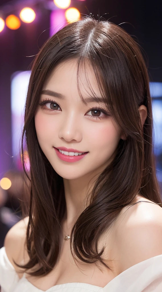 Highest quality, figure, Super detailed, In detail, High resolution, 32k wallpapers, Perfect dynamic composition, Beautiful attention to detail, Random top model dresses,Long Curly Hair, Center of chest,Big beautiful cat-like eyes, Cute Button Nose, Small and fairly full lips, Thick eyebrows and long, beautiful eyelashes. Transparent throughout makeup, Paint your cheeks pink,Dark eyeliner,Lip gloss makes it sparkle. Random sexy poses,smile,white and clean teeth,(full body shot),Influencer,Randomly placed spots(on stage)