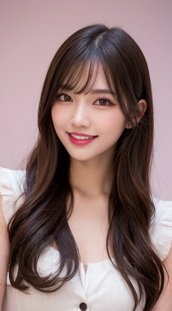 Highest quality, figure, Super detailed, In detail, High resolution, 32k wallpapers, Perfect dynamic composition, Beautiful attention to detail, Random top model dresses,Long Curly Hair, Center of chest,Big beautiful cat-like eyes, Cute Button Nose, Small and fairly full lips, Thick eyebrows and long, beautiful eyelashes. Transparent throughout makeup, Paint your cheeks pink,Dark eyeliner,Lip gloss makes it sparkle. Random sexy poses,smile,white and clean teeth,(full body shot),Influencer,Randomly placed spots(on stage)