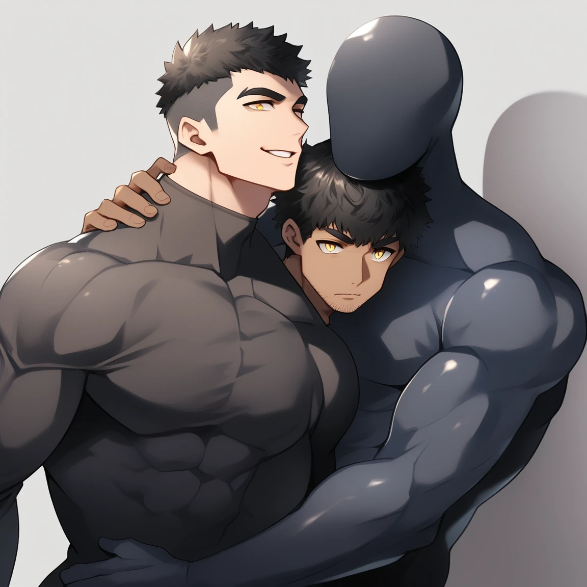 anime characters：Two superheroes in tights, Muscular gym student and a pure black muscle slime man, No Face, He is wrapped in black Slime., negro black skin, They hugged and kissed each other, Bite your neck, Caress, Manliness, male focus, Yellow and black high collar long sleeve tight T-shirt, Slightly transparent material, Very tight, Round, full and perky chest muscles, Muscle waist, Slightly transparent, muscular male, muscular, only, Upper body, alone, Black short hair, Thick eyebrows, stubble, Yellow eyes, Grey background, simple background, amazing quality, best aesthetics, Ridiculous, bright pupils, crew cut, parted lips, seductive smile, torogao, naughty face, drop shadow, best quality