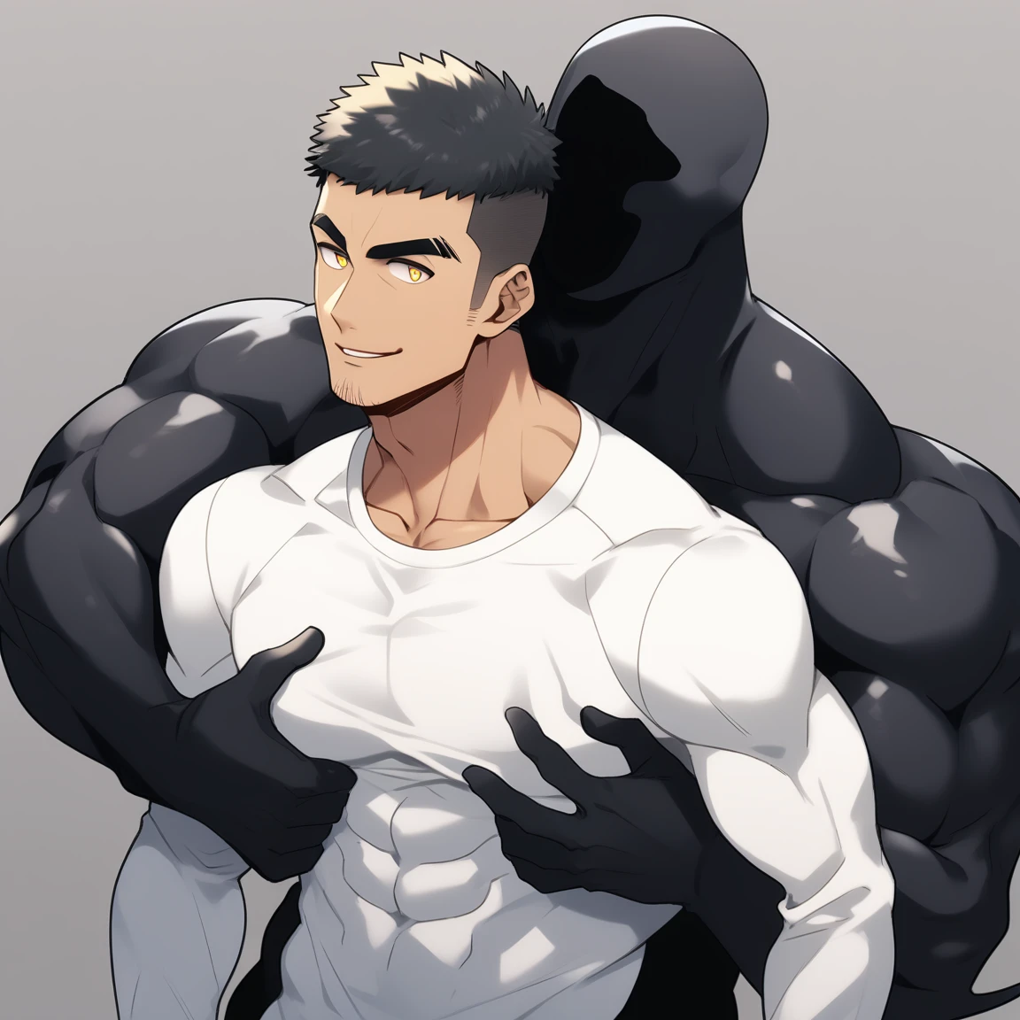 anime characters：Two superheroes in tights, Muscular gym student and a pure black muscle slime man, No Face, He is wrapped in black Slime., negro black skin, They hugged and kissed each other, Bite your neck, Caress, Manliness, male focus, Yellow and black high collar long sleeve tight T-shirt, Slightly transparent material, Very tight, Round, full and perky chest muscles, Muscle waist, Slightly transparent, muscular male, muscular, only, Upper body, alone, Black short hair, Thick eyebrows, stubble, Yellow eyes, Grey background, simple background, amazing quality, best aesthetics, Ridiculous, bright pupils, crew cut, parted lips, seductive smile, torogao, naughty face, drop shadow, best quality