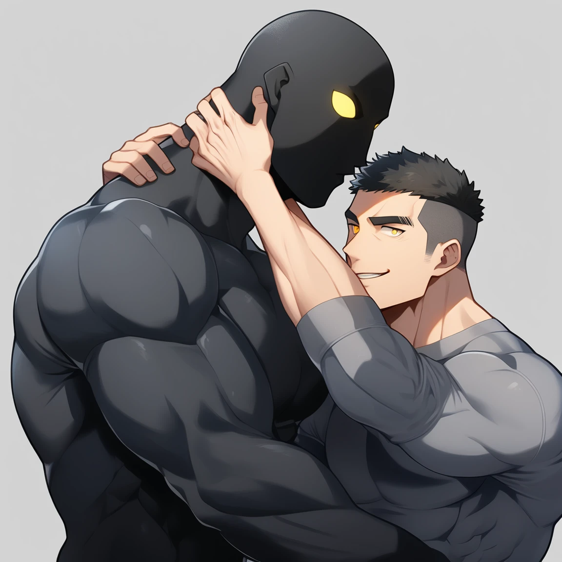 anime characters：Two superheroes in tights, Muscular gym student and a pure black muscle slime man, No Face, He is wrapped in black Slime., negro black skin, They hugged and kissed each other, Bite your neck, Caress, Manliness, male focus, Yellow and black high collar long sleeve tight T-shirt, Slightly transparent material, Very tight, Round, full and perky chest muscles, Muscle waist, Slightly transparent, muscular male, muscular, only, Upper body, alone, Black short hair, Thick eyebrows, stubble, Yellow eyes, Grey background, simple background, amazing quality, best aesthetics, Ridiculous, bright pupils, crew cut, parted lips, seductive smile, torogao, naughty face, drop shadow, best quality