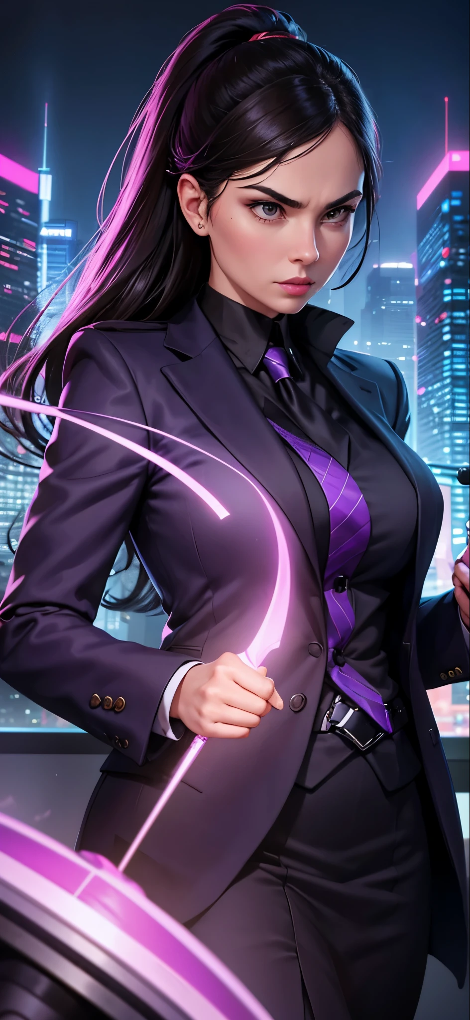 Create an image of a strict-looking female wearing a purple business suit and holding a long pointer. Set her in a commanding and authoritative environment, such as a corporate boardroom or a professional presentation setting. Enhance the image with a vibrant and dynamic background, such as a bustling city skyline or a futuristic office with innovative technology. Capture the seriousness and focus of her demeanor against a backdrop that adds depth and impact to her leadership presence.