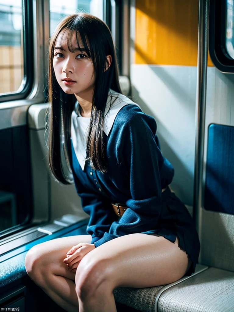 "(Masterpiece, High Definition, Ultra High Definition, 4K) Black hair, ************ Japan girl, uniform skirt, emphasizing thighs, white thighs, soft thighs, glossy thighs, sitting on the train, face-to-face angle, (angle from below),sitting in the train seat,Sitting in front,Zoom camera in the crotch,Feet on the train floor,Full body,Looking down and sleepy,Looking at the viewer only", best quality, ultra high definition, (photorealistic:1.4),, high resolution, detail, raw photo, sharp re, Nikon D850 film stock photo by Lee Jefferies 4 kodak portra 400 camera f1.6 lens rich colors hyper realistic lively textures dramatic lighting unreal engine artstation trends cinestir 800,