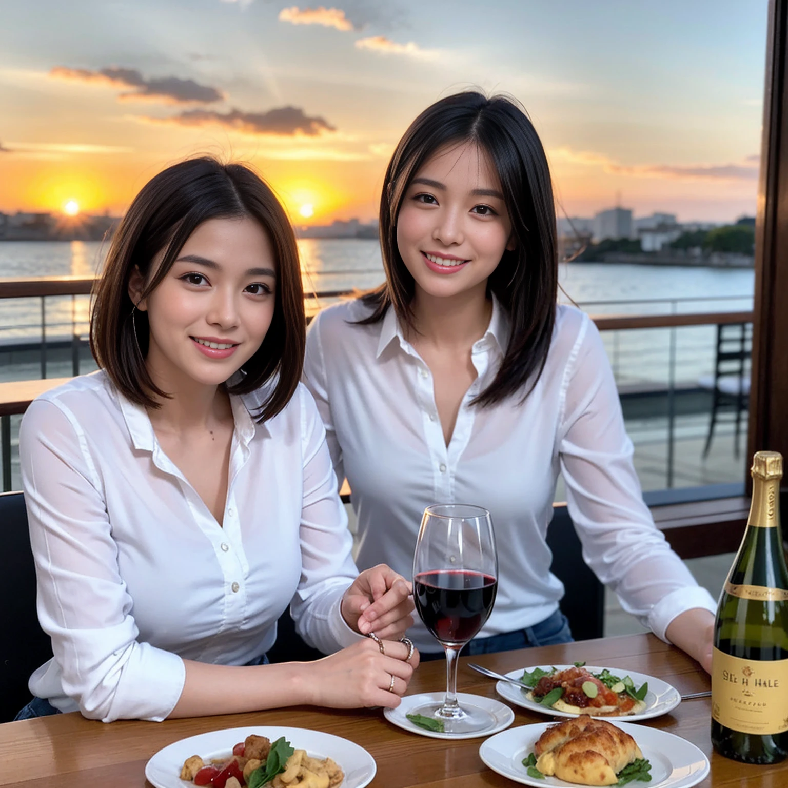 ((Highest quality、、masterpiece:1.3))、1 male 1 female、、Beautiful couple、Japanese couple、smile、 (Slim face), (the body is スリム), (Brown Hair), (Shortcuts), ((Bob Hale、Straight hair:1.2)), テーブルの上のフルコースディナーwine glass、Please shine a light on my face、 Amazing view of the sunset sky and clouds、smileの美しさ、Bright imYear、Blushing, Shortcuts,Bright Face、 Year), 39 Year, red wine 、Appetizers、Italian food、Wine bottle、Champagne、sparkling wine、Long sleeve shirt、dress、Attractive beauty、restaurant, Nova Frog Style, actress, model, Upper Body, White wine, red wine, wine glass, 