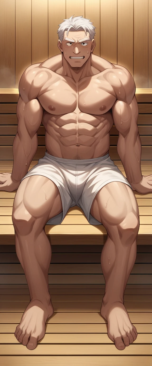 Sauna old giant sitting in the sauna full body shot。Just as big,Too much muscle。The bronzed old man in shorts has a particularly large body。Strong and powerful, hard like a piece of iron, clearly sturdy and well-developed, full of strength, especially with a lot of flesh老人身体和巨人在桑拿房坐着全身照。Just as big,Too much muscle。The bronzed old man in shorts has a particularly large body。Strong and powerful, hard like a piece of iron, clearly sturdy and well-developed, full of strength, especially with a lot of flesh,In the sauna。Get bigger