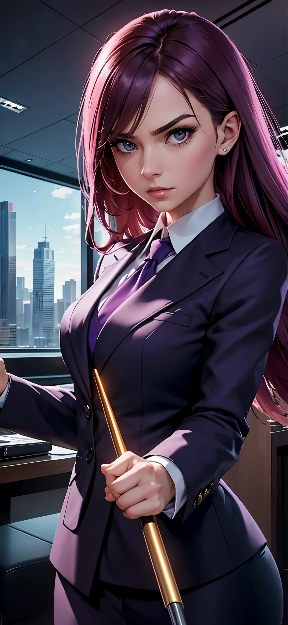 Create an image of a strict-looking female wearing a purple business suit and holding a long pointer. Set her in a commanding and authoritative environment, such as a corporate boardroom or a professional presentation setting. Enhance the image with a vibrant and dynamic background, such as a bustling city skyline or a futuristic office with innovative technology. Capture the seriousness and focus of her demeanor against a backdrop that adds depth and impact to her leadership presence.