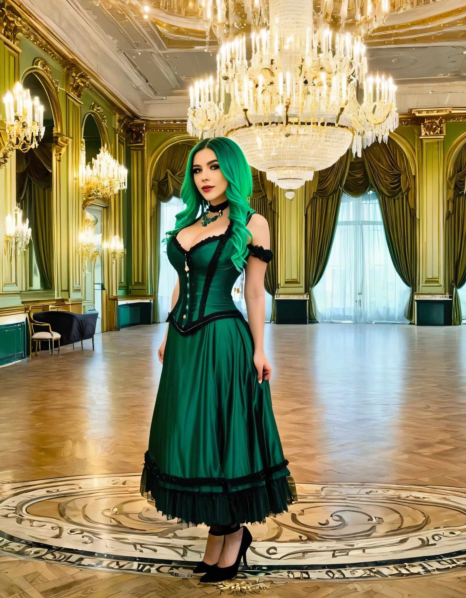 A woman with green hair, dressed in elegant Victorian attire, standing in a lavish ballroom with chandeliers and classical decor.