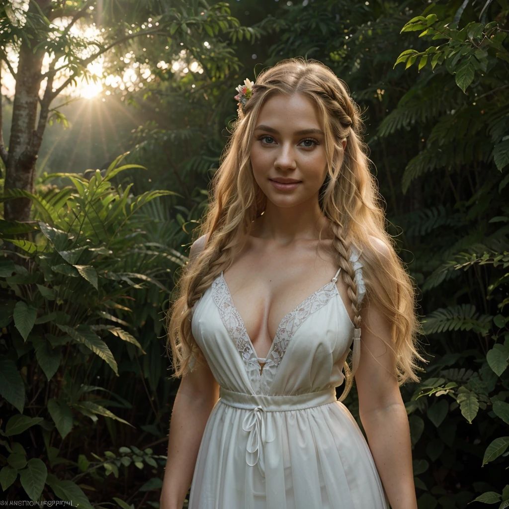 (detailed face, detailed eyes, clear skin, clear eyes), lotr, fantasy, elf princess, slim body, large breasts, looking at viewer, ((sunset light)). photography, detailed skin, realistic, photo-realistic, 8k, highly detailed, close up frame, High detail RAW color art, piercing, diffused soft lighting, shallow depth of field, sharp focus, hyperrealism, ((She stands in northwest pacific forest. Very tall vegetation. Tall grass. Colorful flowers)). Dense forest floor vegetation. Ferns, shrubs, tall grass. She is wearing an elegant white sheer elf dress. Misty background. Long blond braided hair. smiling expression. Playing with camera. Blue eyes.