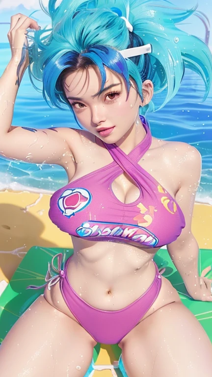 a close up of a woman in a bikini, bulma from dragon ball, wet swimsuit, overwatch tracer in a bikini, is wearing a swimsuit, digital  illustration, cutesexyrobutts, saiyan girl, monokini, detailed fanart, swimsuit, pinup art, in retro swimsuit, nico robin, nami one piece, detailed digital art